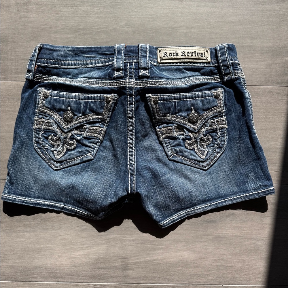Rock Revival Dark Blue Jean Shorts with Embroidered Pockets